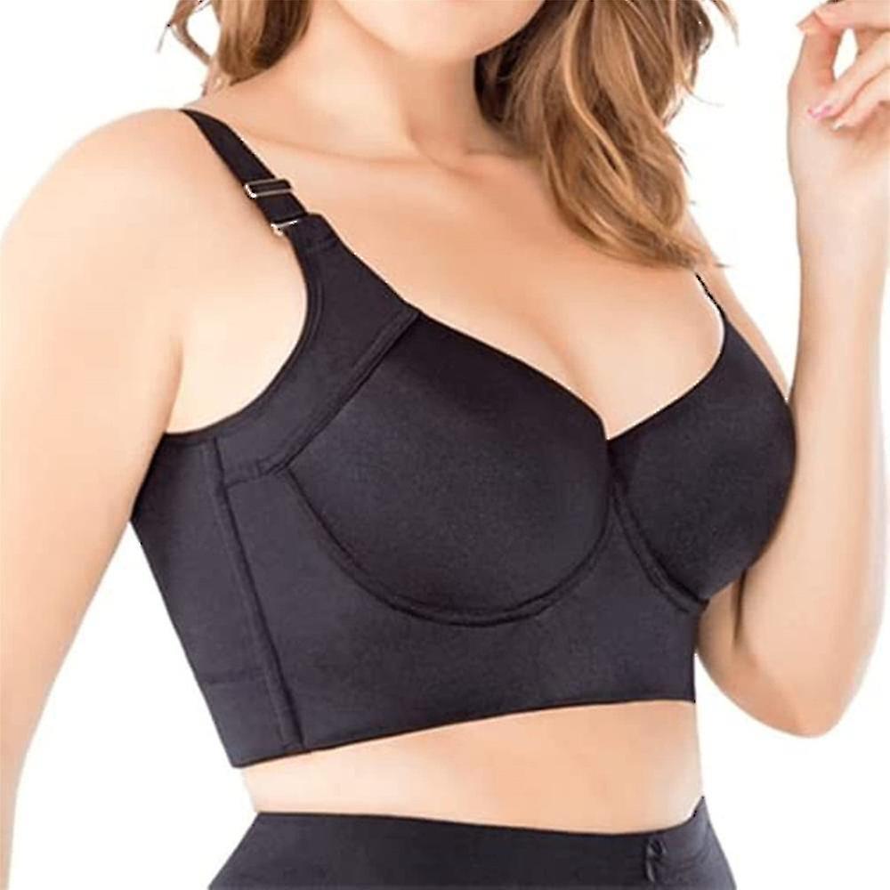 Fashion Women Deep Cup Bra Hide Back Fat Bra Full Back Coverage Push Up Sports Bra Black 44D