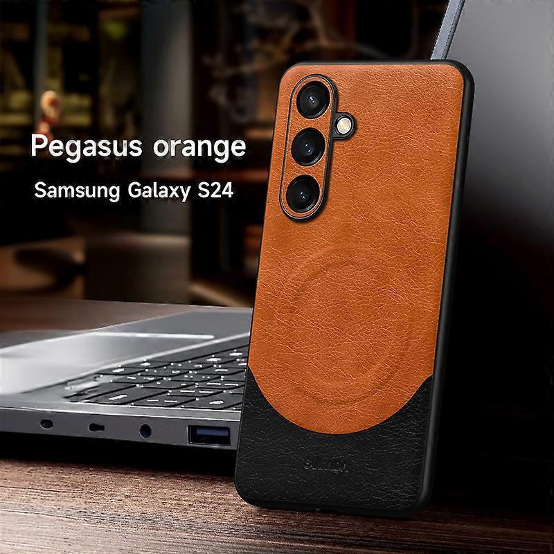 Unbrand Leather Magnetic Magsafe Case for Samsung Galaxy S24/S24 Plus/S24Ultra Shockproof Hard Thin Protective Phone Cover Orange Samsung Galaxy S2...