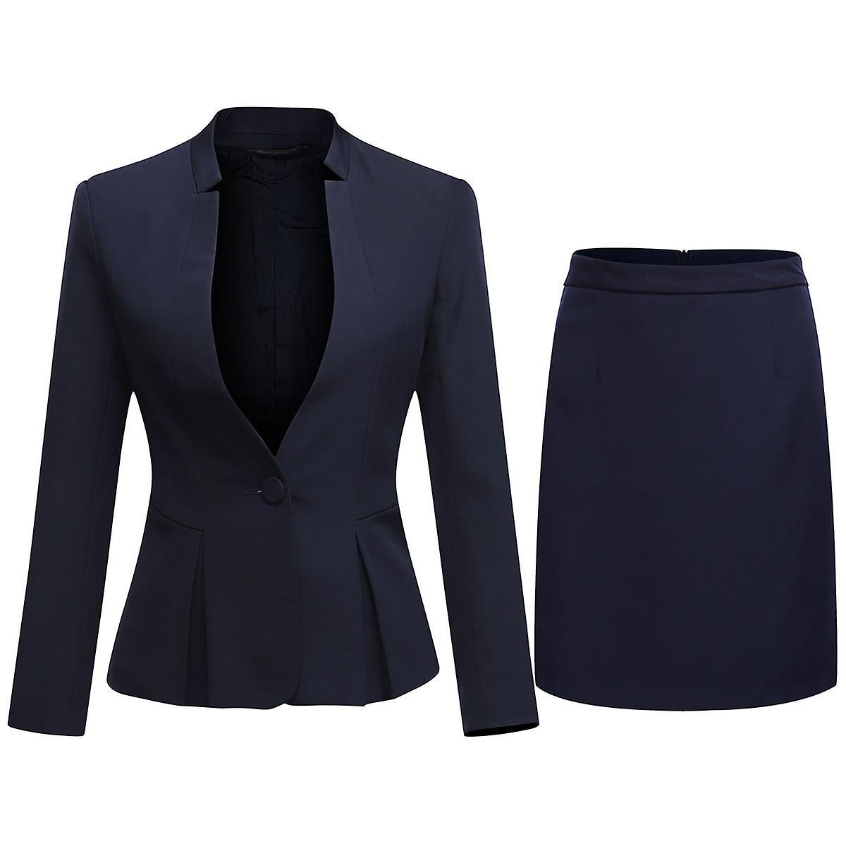 Yynuda Womens 2-piece Stand Collar Solid Color Business Suit Office Lady Slim Professional Dress (blazer + Skirt) Navy  Blue M