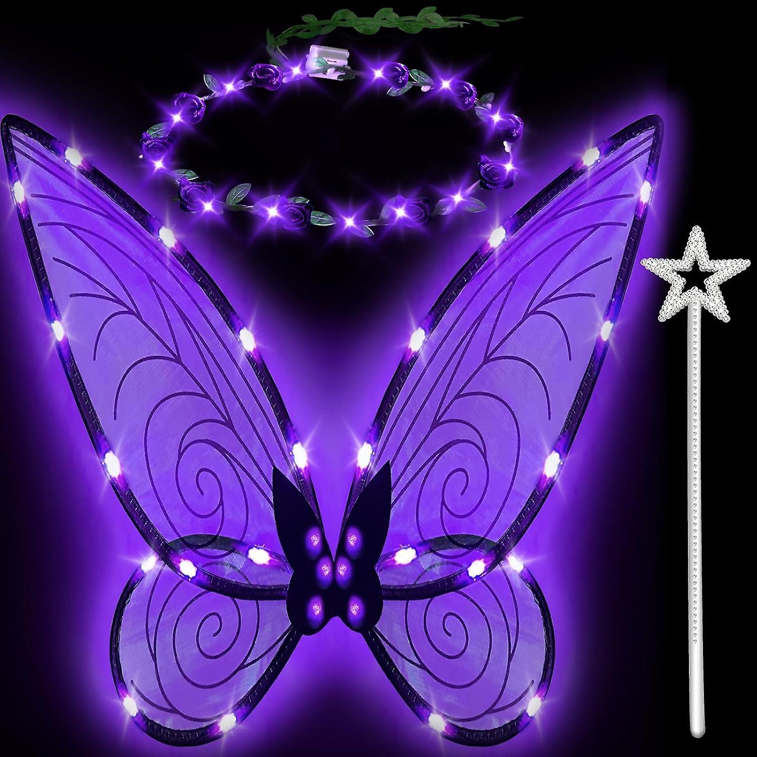 Maromalife 3pcs Light Up Fairy Wings For Adults,led Butterfly Wings For Girls,angel Wings Halloween Costume Dress Up For Kids Black