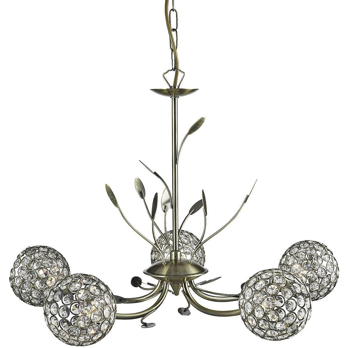 Searchlight Lighting Bellis 5 Light Multi Arm Ceiling Pendant Flower Design Antique Brass, Glass, G9