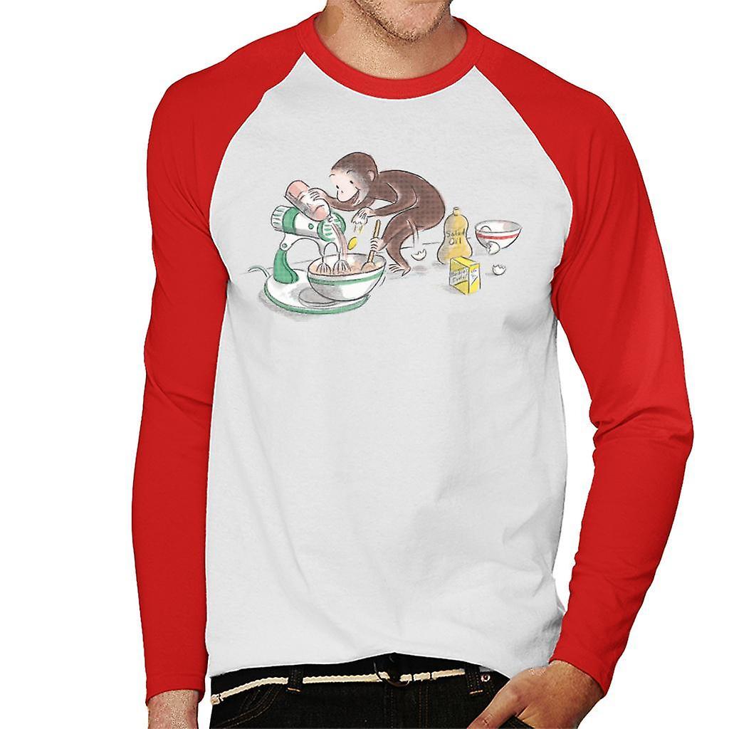 Curious George Cooking Men's Baseball Long Sleeved T-Shirt White/Red Medium