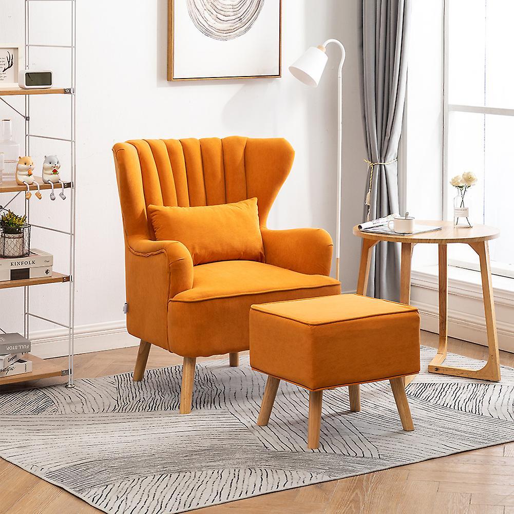 Living And Home Contemporary Curved Back Single Armchair with Lumbar Pillow and Footstool - Orange