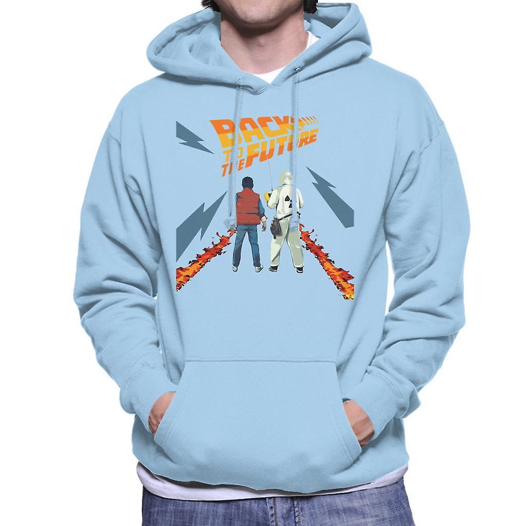 Back to the Future Delorean Fire Trail Marty And Doc Men's Hooded Sweatshirt Sky Blue XX-Large