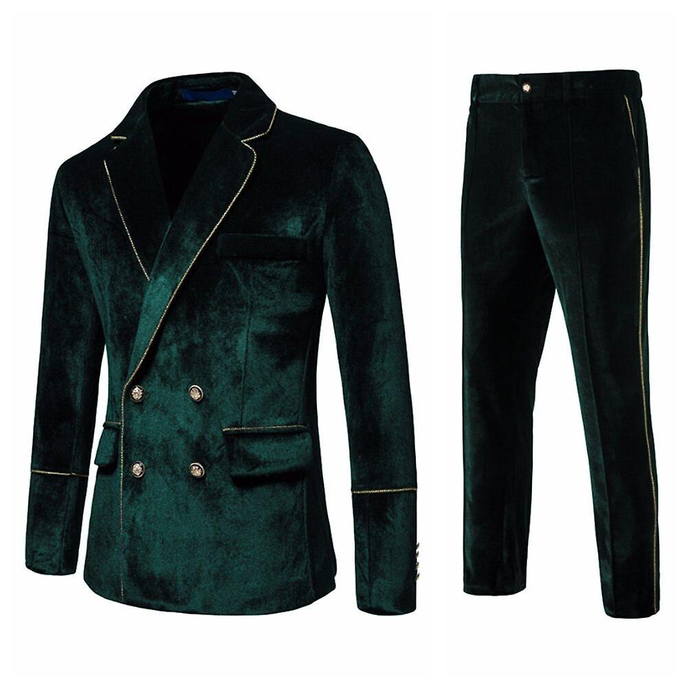 Sliktaa Mens Velvet Two-Piece Wedding Evening Dress Blazer And Pant Green M