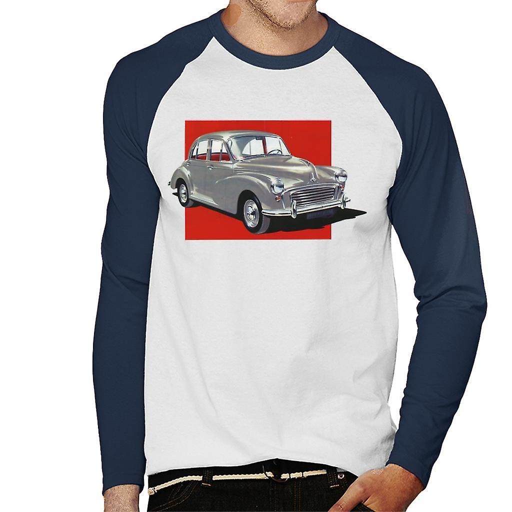 Morris Minor Red Background British Motor Heritage Men's Baseball Long Sleeved T-Shirt White/Navy Medium