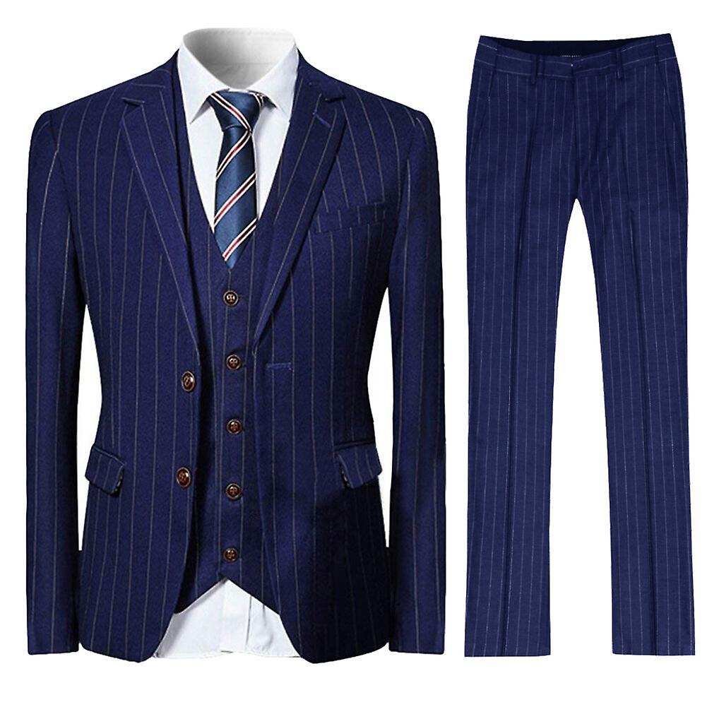 Allthemen Mens 3-Piece Business Suit Slim Stripe Wedding Suit Navy Blue L