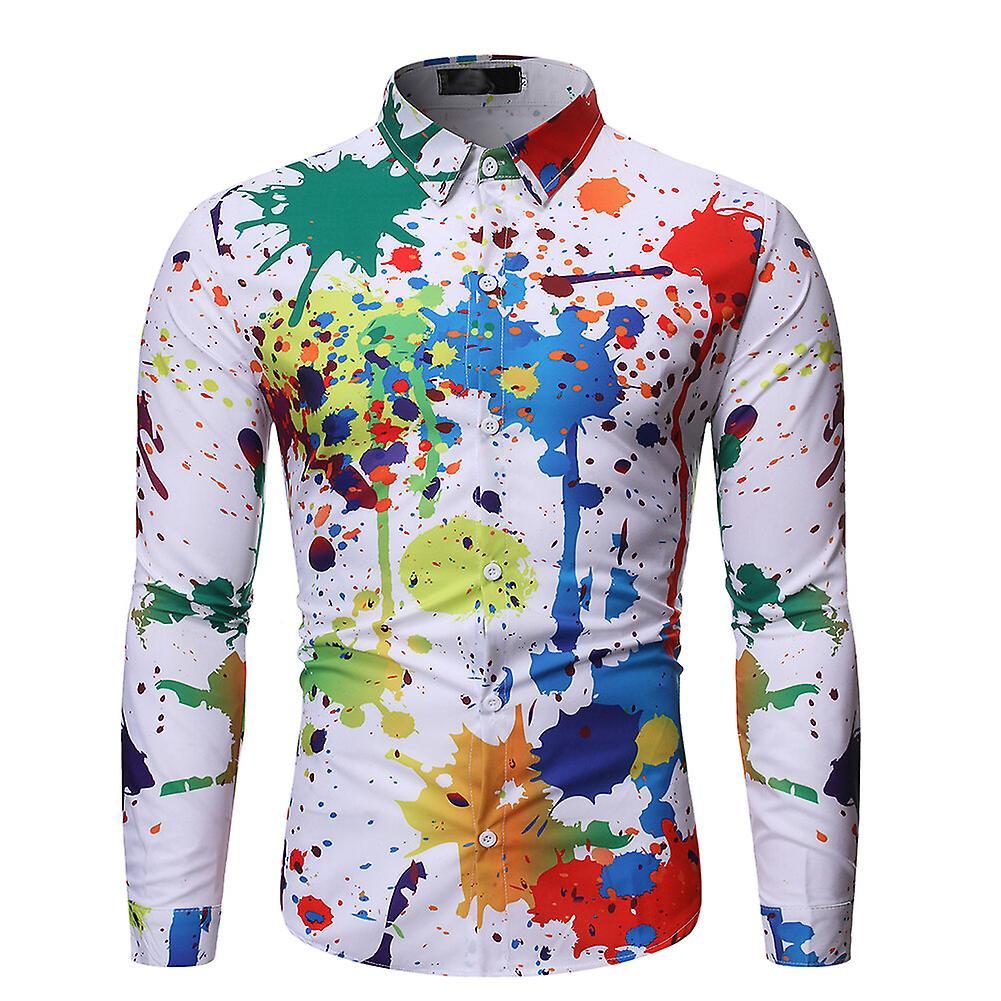 Allthemen Mens Lapel Graffiti Colorful Four Seasons Long Sleeve Shirt White S