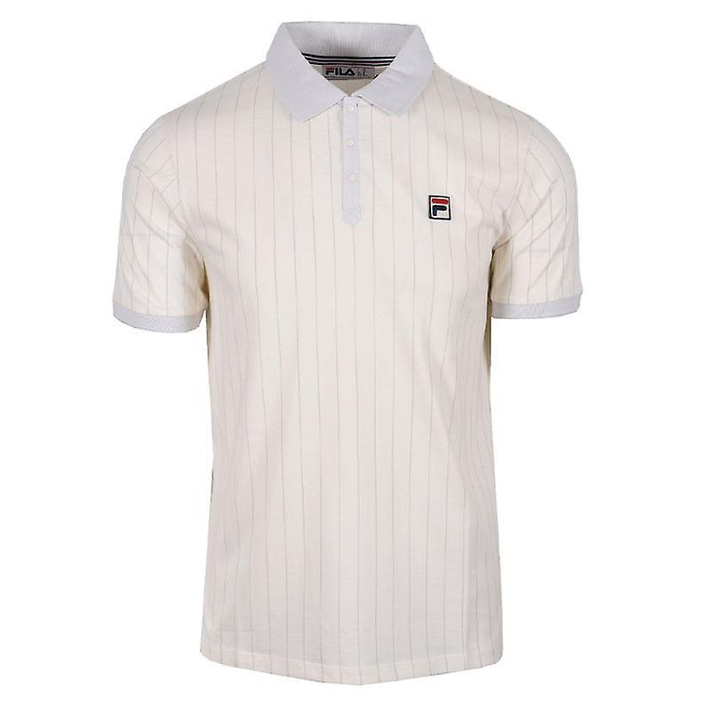 FILA Mens Polo Shirt Short Sleeve Vintage Striped Summer Cotton Sports Golf Tee Cream L