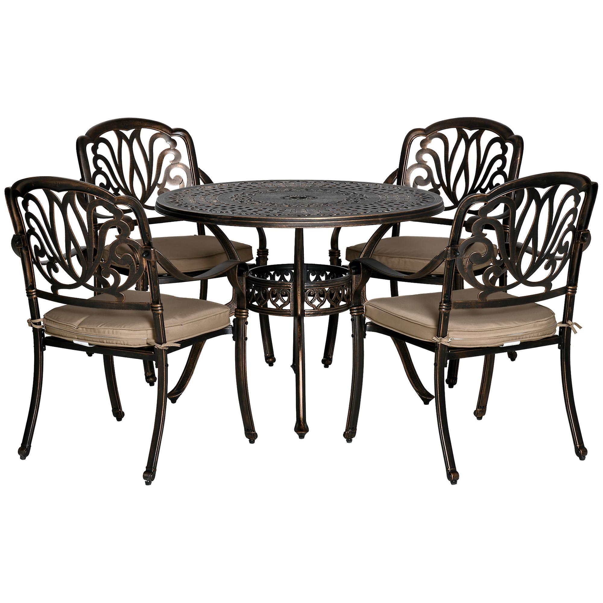 4 Seater Outdoor Dining Set with Cushions Parasol Hole Cast Aluminium