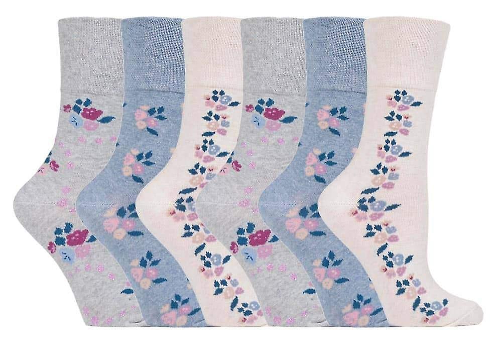 6 Pk Ladies Gentle Grip Non Elastic Socks 4-8 Uk Floral Beige / Blue