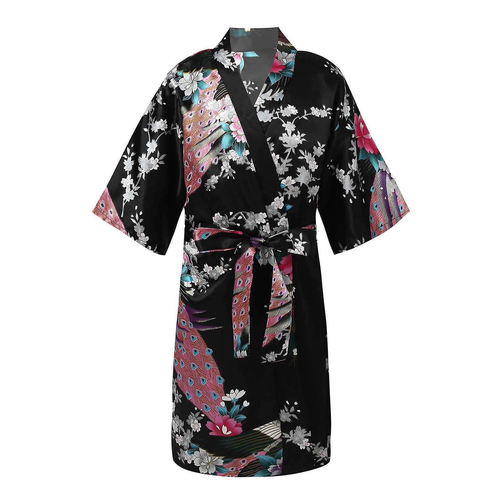 Sztlv Girls Satin Kimono Robes for Kids Children Teens Floral Sleepwear Peacock Flower Bathrobe for Spa Wedding Birthday Nightgown Black 14