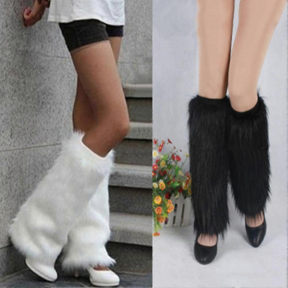 Tuelaly Winter Fashion Women Boot Covers Furry Solid Color Faux Fur Soft Leg Warmers White 30cm