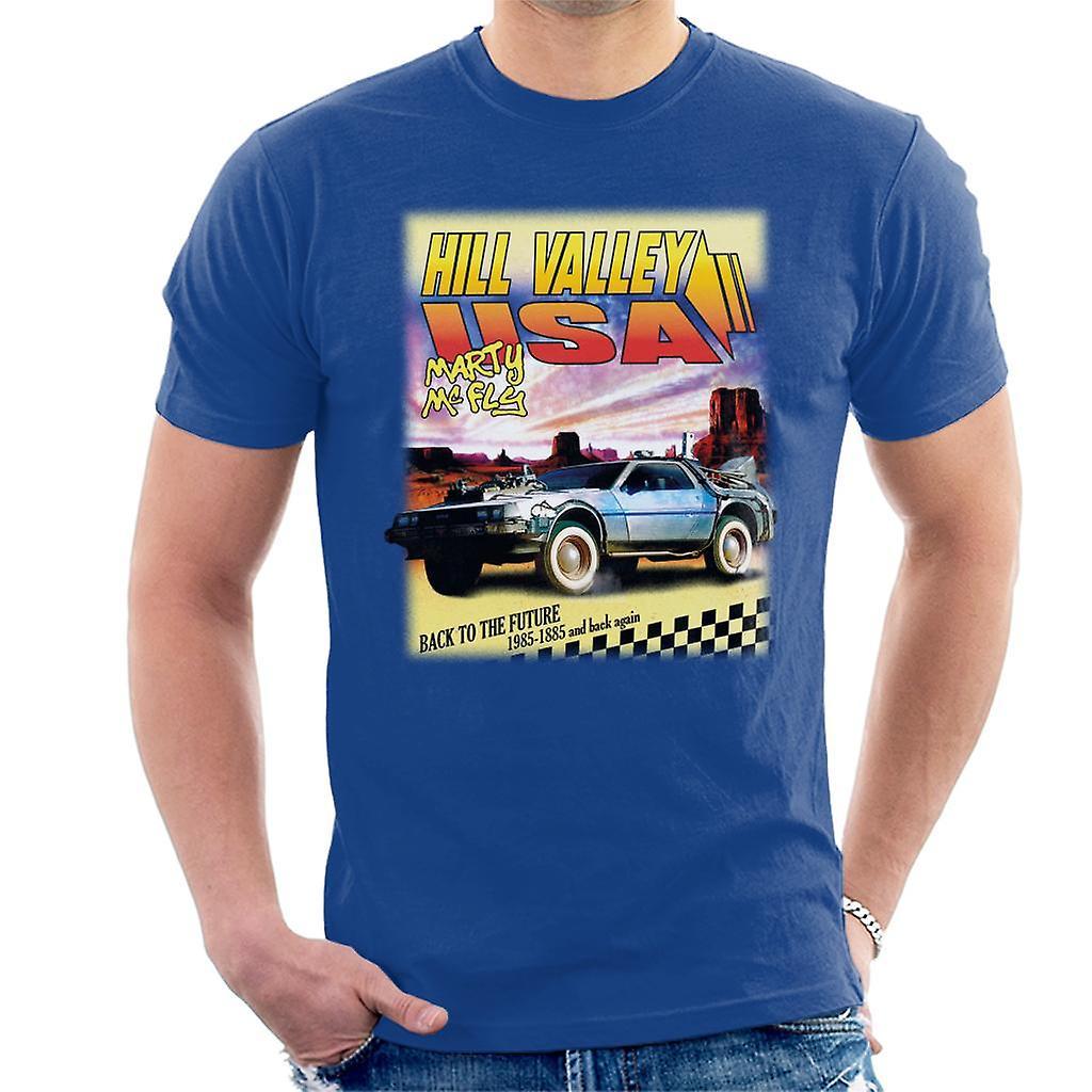 Back to the Future Delorean Hill Valley USA Marty Mcfly Men's T-Shirt Royal Blue X-Large