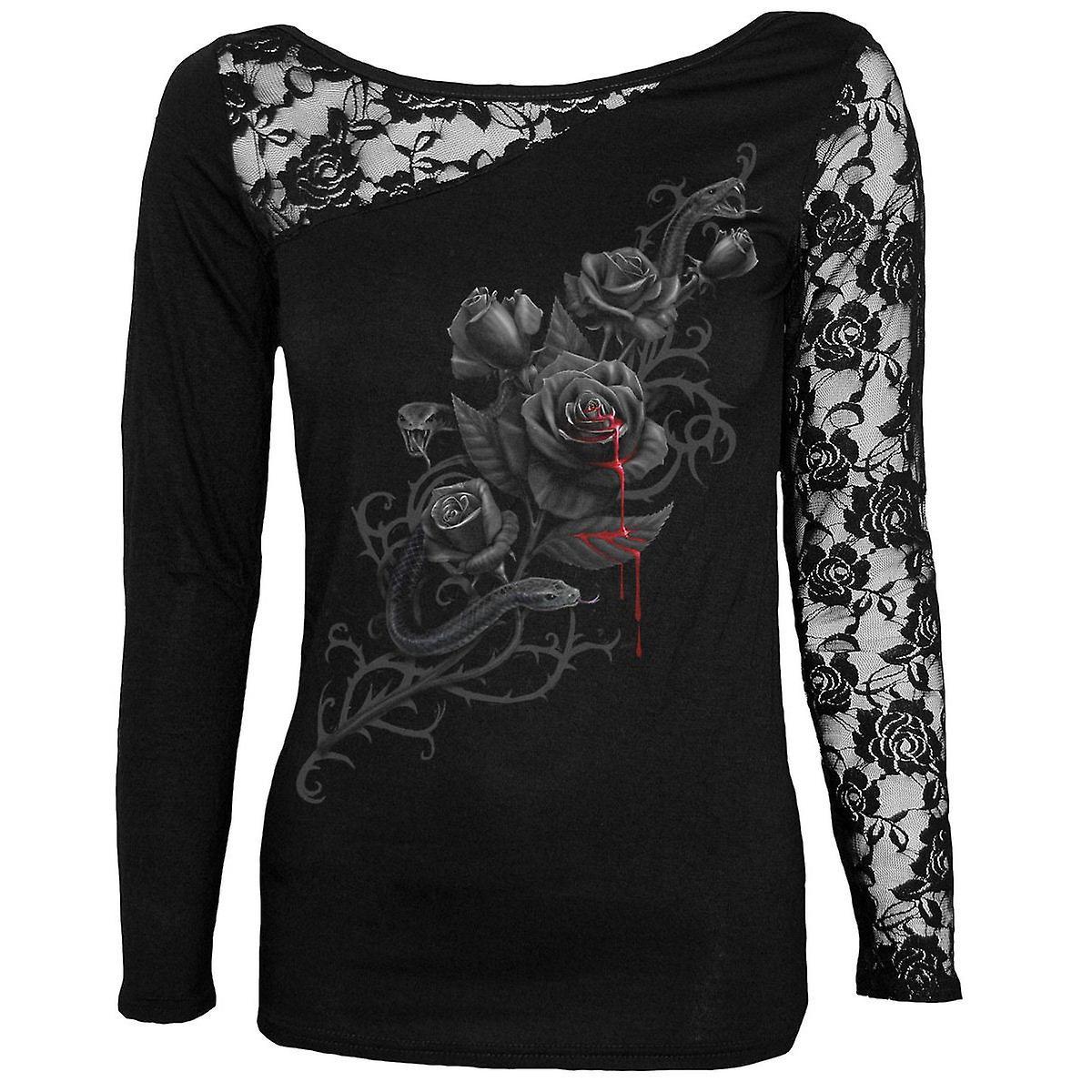 Spiral Direct Gothic FATAL ATTRACTION - Lace One Shoulder Top Black |Roses|Blood|Snake Small