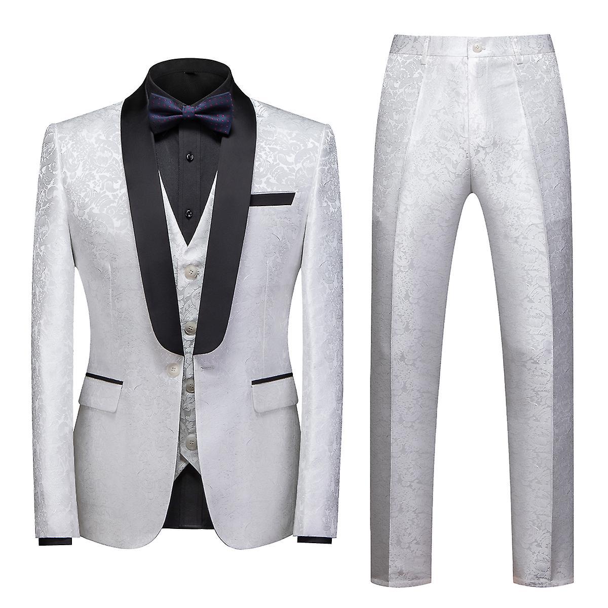 Yunclos Men's 3 Piece Slim Fit One Button Shawl Jacket Vest Pants White 3XL