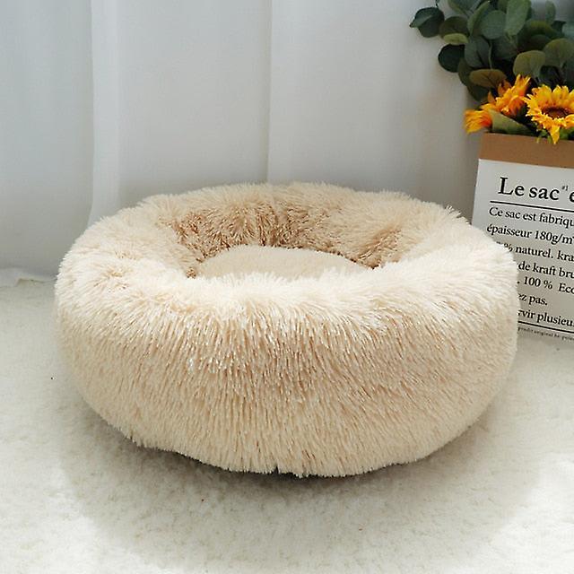 Slowmoose Dog Bed Warm Fleece Round Kennel House Long Plush Winter Pets Dog Beds Diameter 60cm / Light Coffee