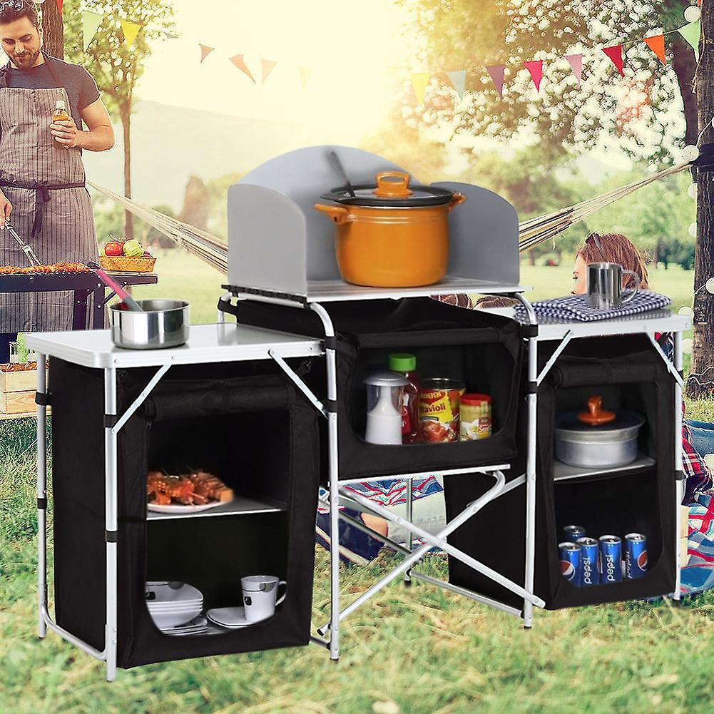 Living And Home Folding Camping Kitchen Table Unit Double-Sided Worktop Black