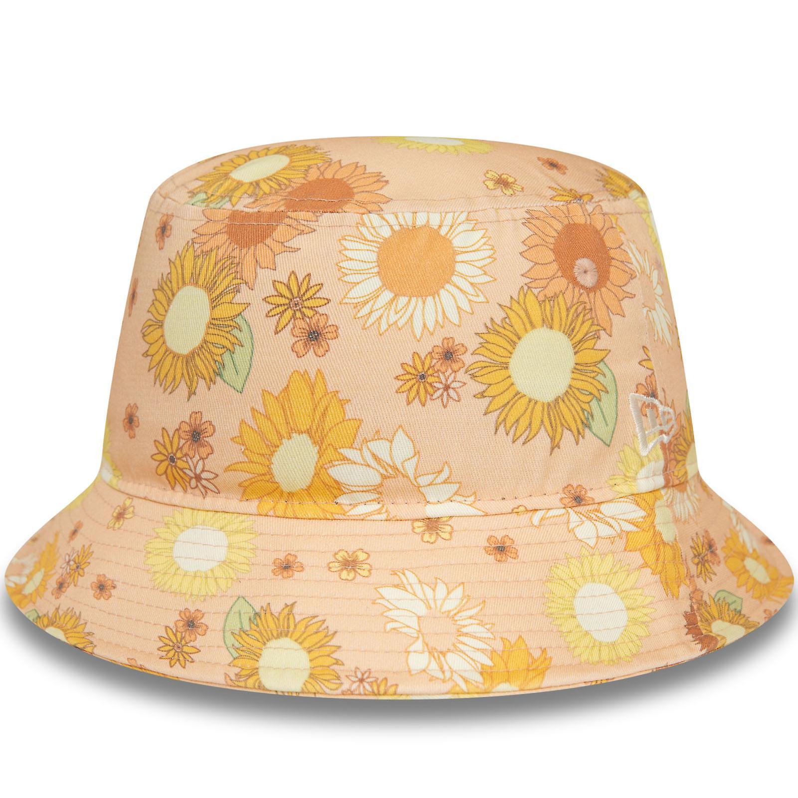 New Era Womens Floral Print Summer Beach Bucket Cap Hat - Peach L