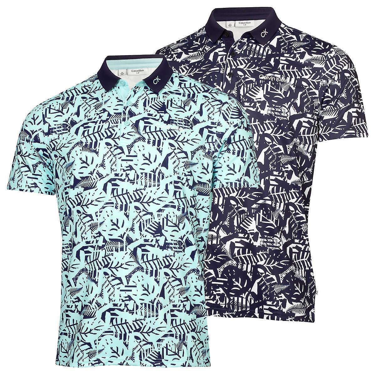 Calvin Klein Mens 2024 Abstract Print Easy Care Wicking Golf Polo Shirt Aqua/Evening Blue L