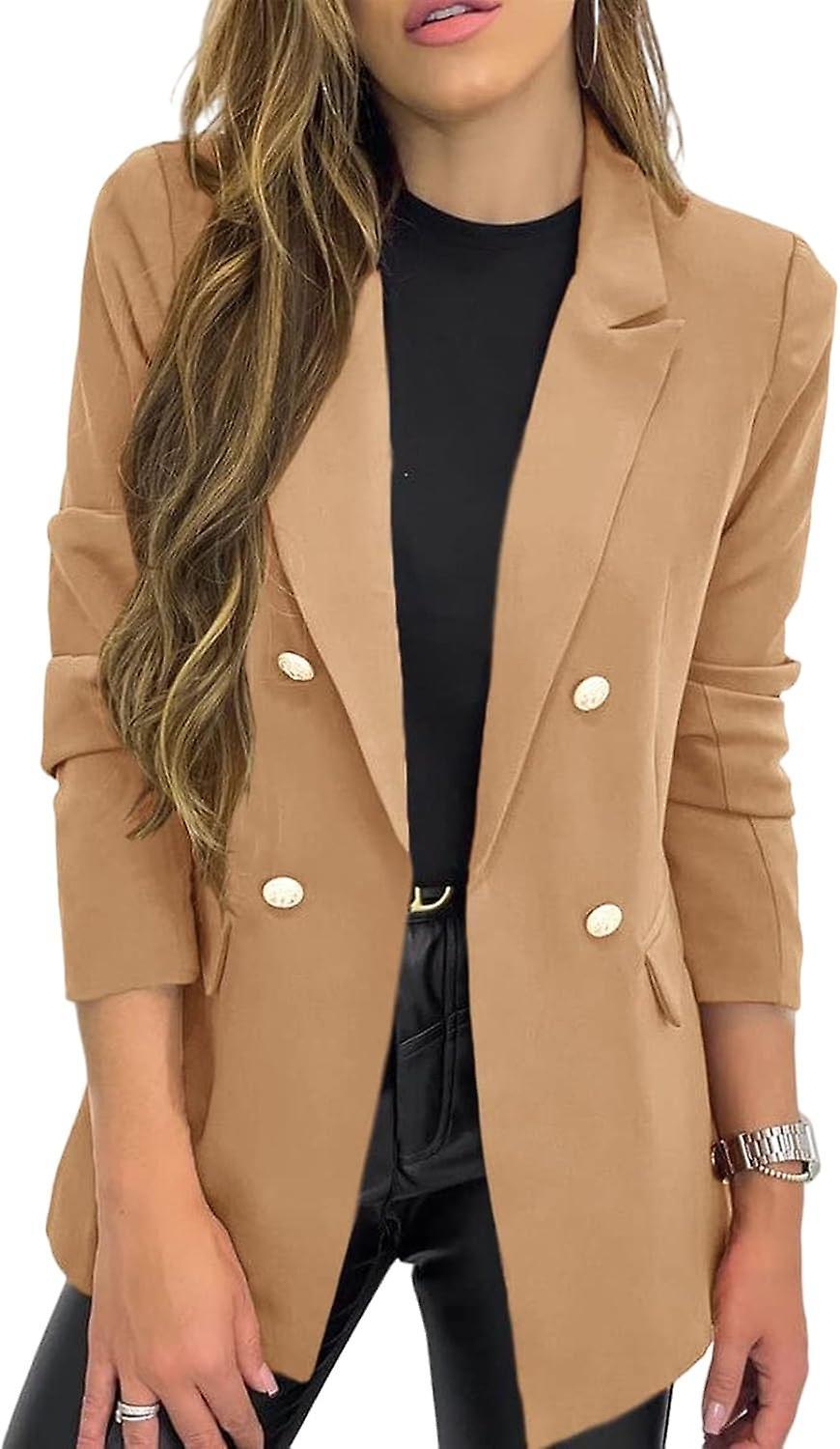 Wfuo Women's Casual Blazer Solid Color Cardigan Blazer Business Office Button Jacket Suit Khaki 2XL