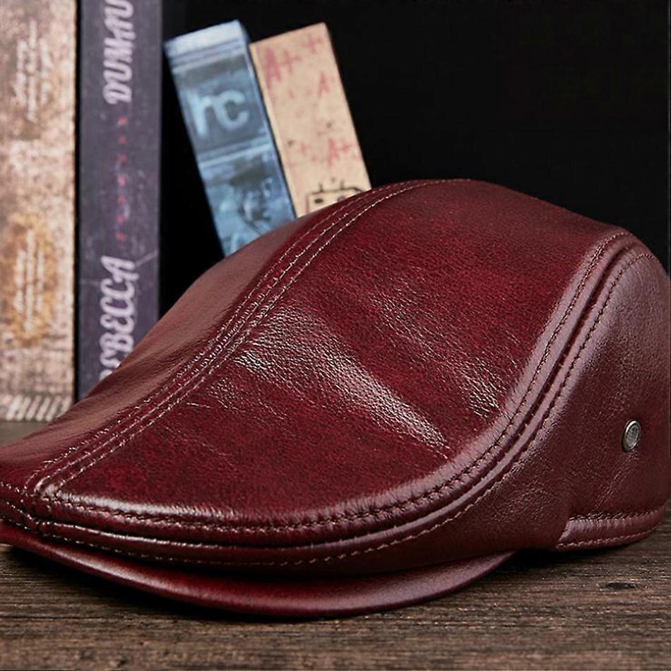 Zkdsv Men's Genuine Leather Butterfly Flat Cap Berets Ear Flaps Black Casual Director Vintage Winter burgundy cap XL(58-59 cm