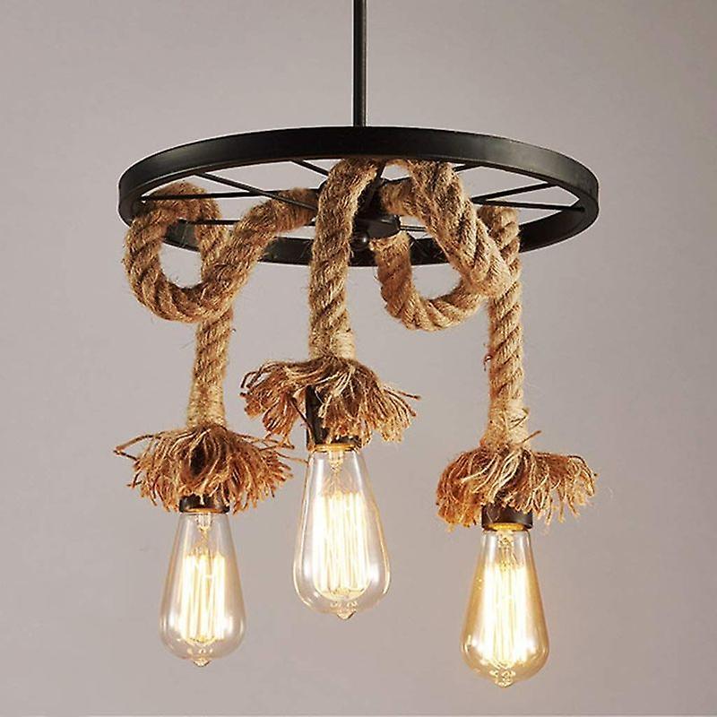 Rebirth Hemp Rope Pendant Chandelier 3 Lamp E27 , Retro Industrial Wheel Ceiling Lamp For Restaurant Living Room Dining Room Bar