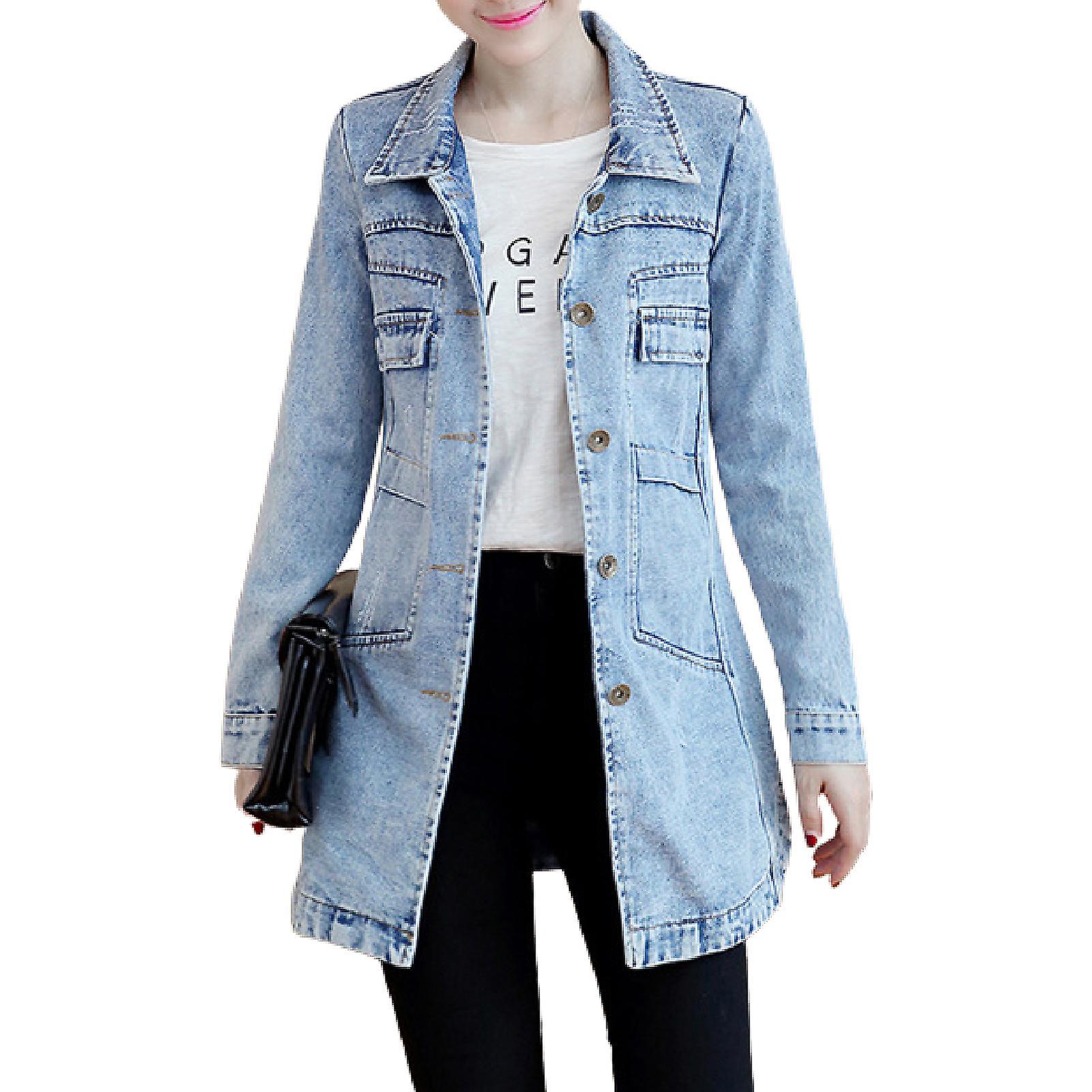 Fianao Turn-Dwon Collar Flap Pockets Denim Jacket Shrink Resistant Irregular Hem Long Women Jacket Streetwear Light Blue 3XL