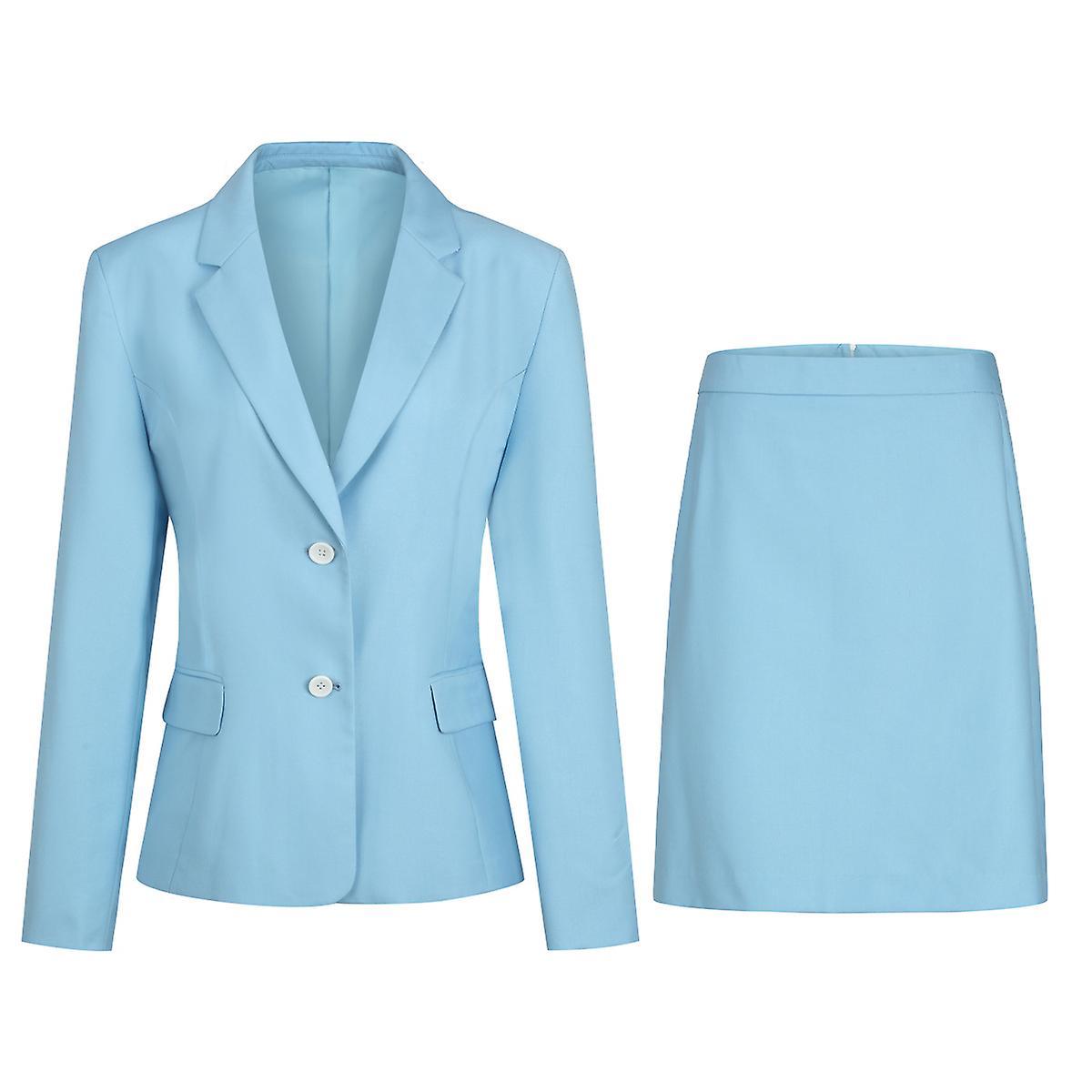 Yynuda Womens 2-piece Elegant Slim Fit Suit Office Lady Solid Color Dress (blazer + Skirt) Light Blue XL