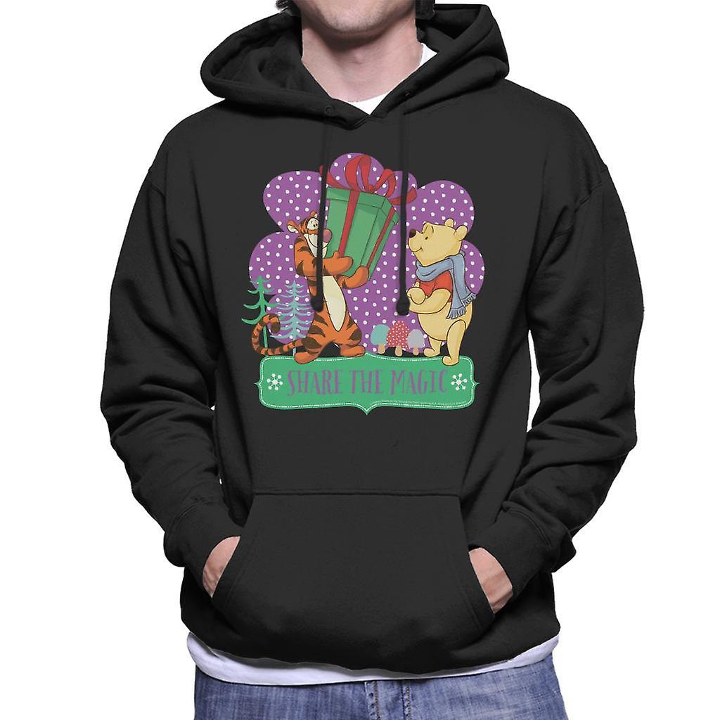 Disney Christmas Winnie The Pooh Share The Magic Men's Hooded Sweatshirt Black XX-Large