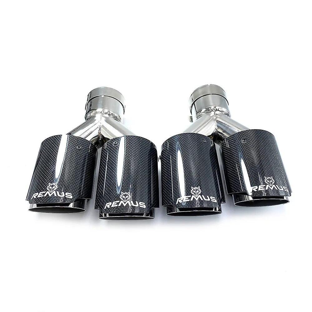 Bolongking 2PCS Universal Dual Glossy Carbon Fiber Exhaust Tip 304 Stainless Steel Exhaust Pipe Straight Flange Muffler Tip For Remus 76MM IN-89MM OUT