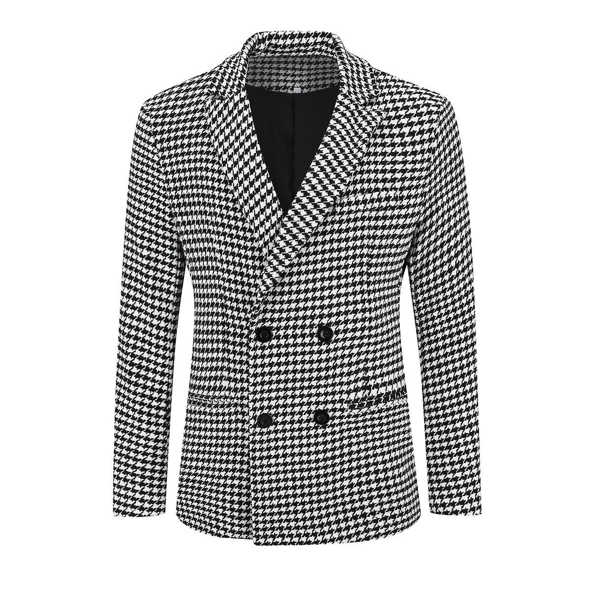 Yynuda Mens Black And White Plaid Double Breasted 4 Button Slim Fit Casual Suit Jacket S