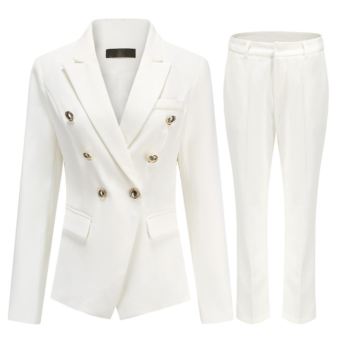 Yynuda Womens 2-piece Office Lady Double Breasted Slim Fit Business Suit (blazer + Trousers) White M