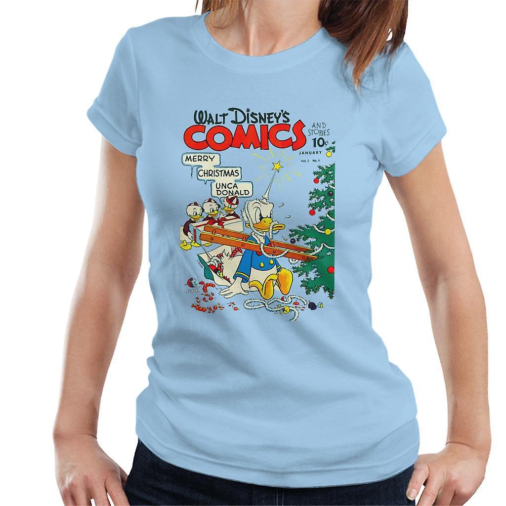 Disney Christmas Donald Duck Xmas Tree Chaos Women's T-Shirt Sky Blue Large