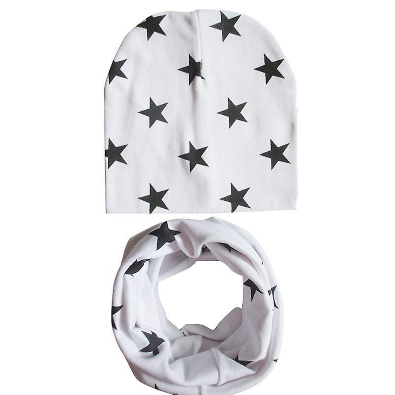 Slowmoose Winter Spring Baby Hat Scarf Set- Cotton Baby Cap Star Print Kids Hats, Newborn star white