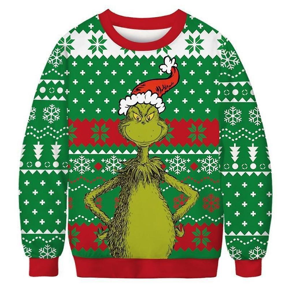 Waytogo Women Men Unisex Couples Christmas Sweatshirt Grinch Printed Crew Neck Pullover Ugly Sweater Long Sleeve Green Monster Jumpers B 2XL