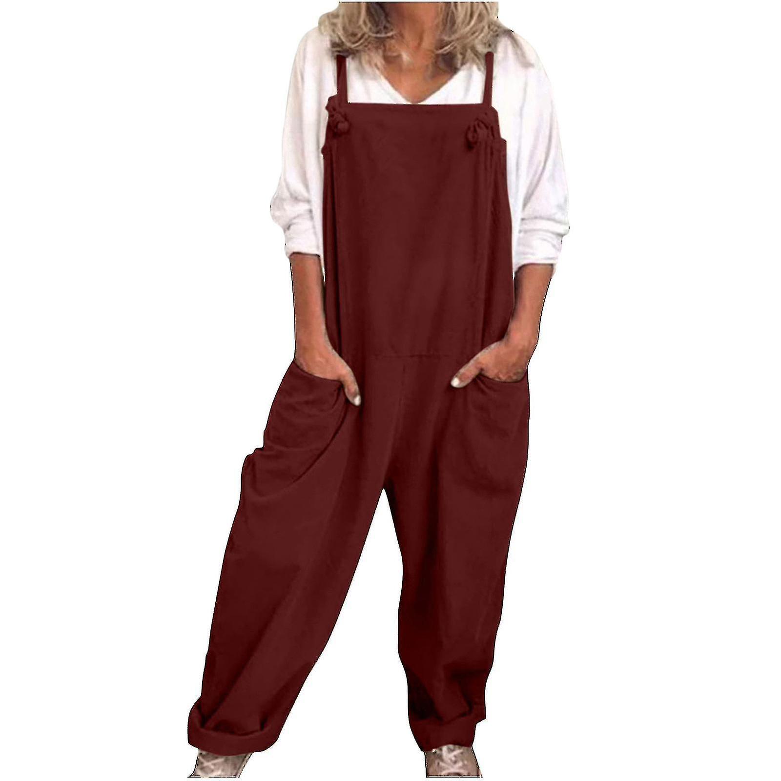 Yalo Womens Overalls Casual Loose Dungarees Romper Baggy Playsuit Cotton And Linen Jumpsuit Wine L