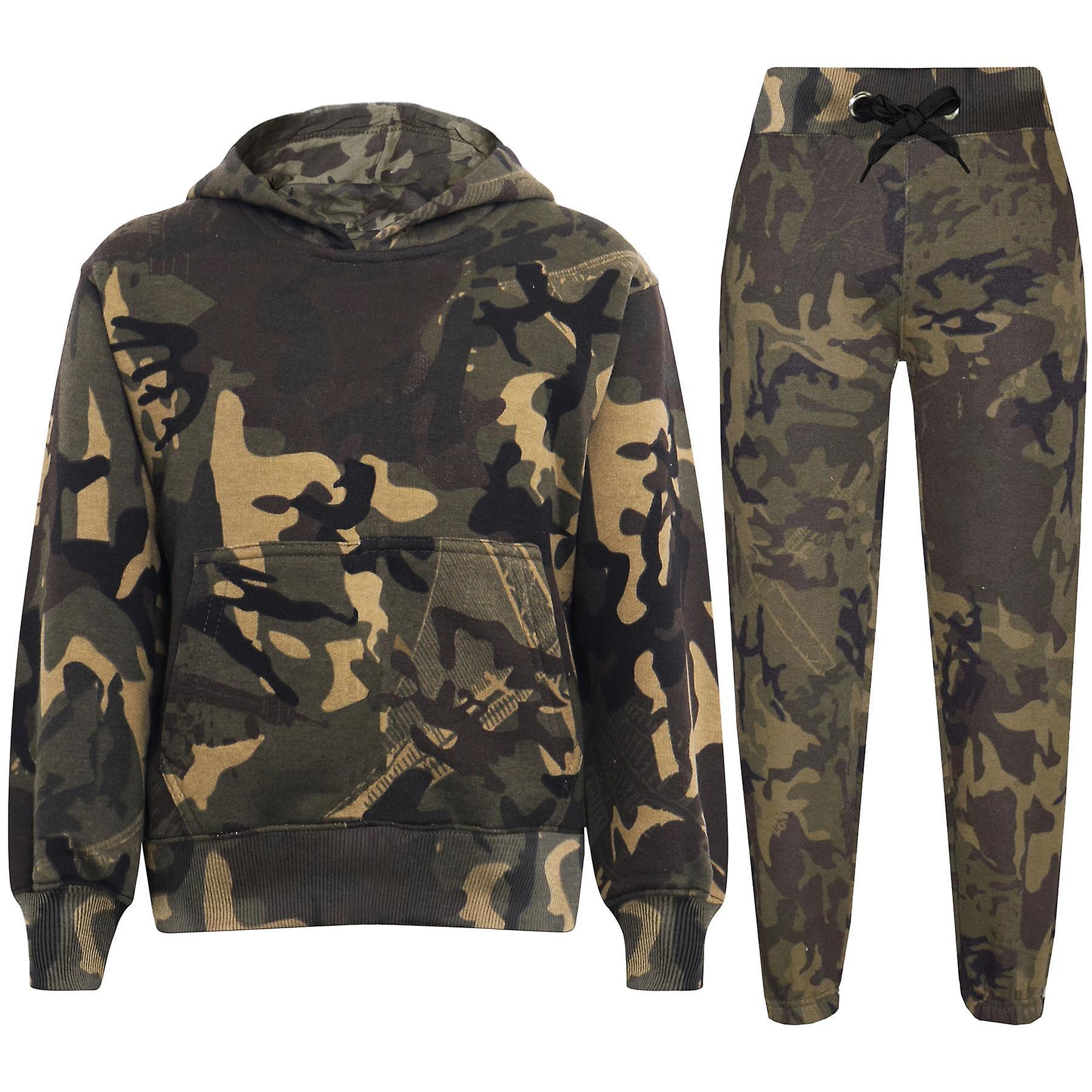 A2Z 4 Kids Unisex Plain Sweat Hooded Tracksuit Camo Green 11-12 Years