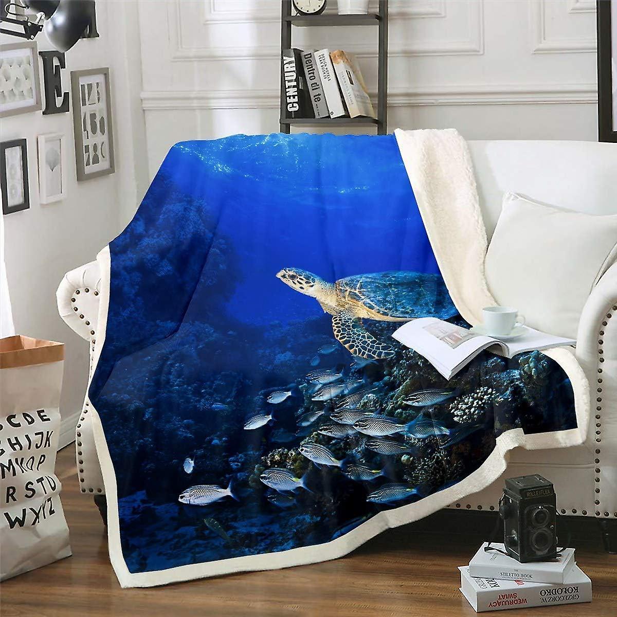 Kerota Tortoise Sherpa Blanket for Kids Boys Teens D Sea Turtle Fish Fleece Blankets Marine Ocean Theme Throw Blanket Reptile Sealife Plush Blanket...