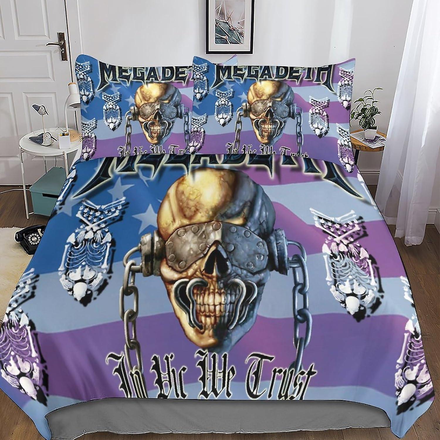 Kerota Megadeth Duvet Cover 3D Bedding Sets for Adult Kids, Microfiber Skull Bedding Set Pillowcases with Zipper Closure 3 Pcs Double200x200cm