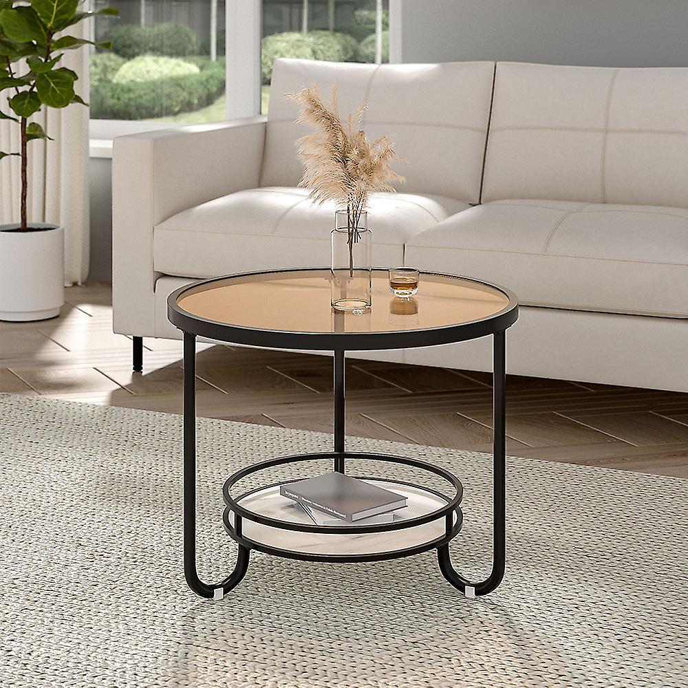 Living And Home Round Glass and Slate Coffee Table 2 Tier - Black