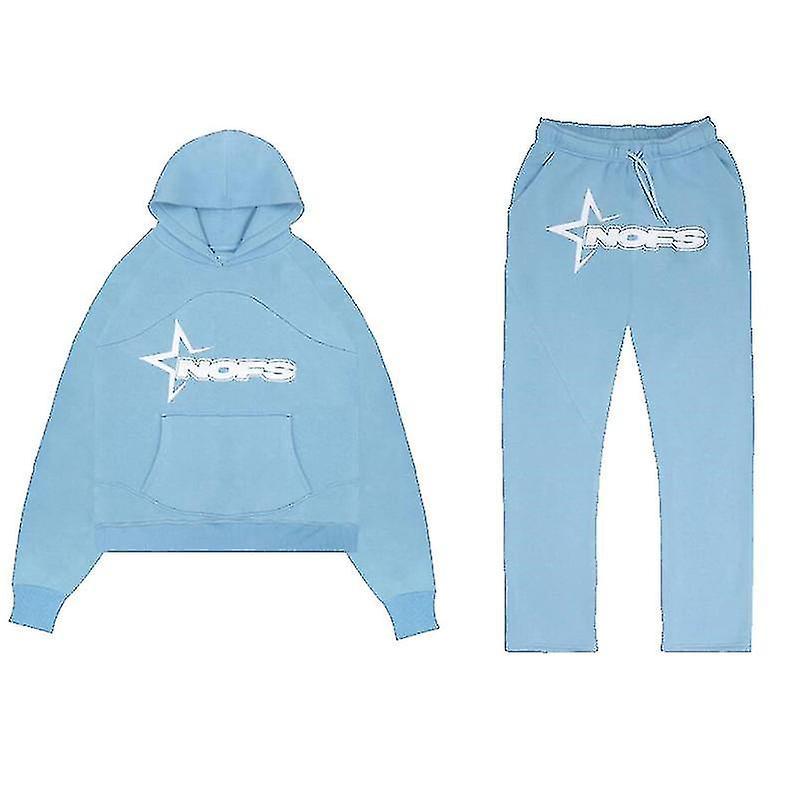 Sszfv Tracksuit Mens Y2k Loose Casual Jogging Suit Nofs Printed Streetwear Hoodie Sweatpants Set light blue L