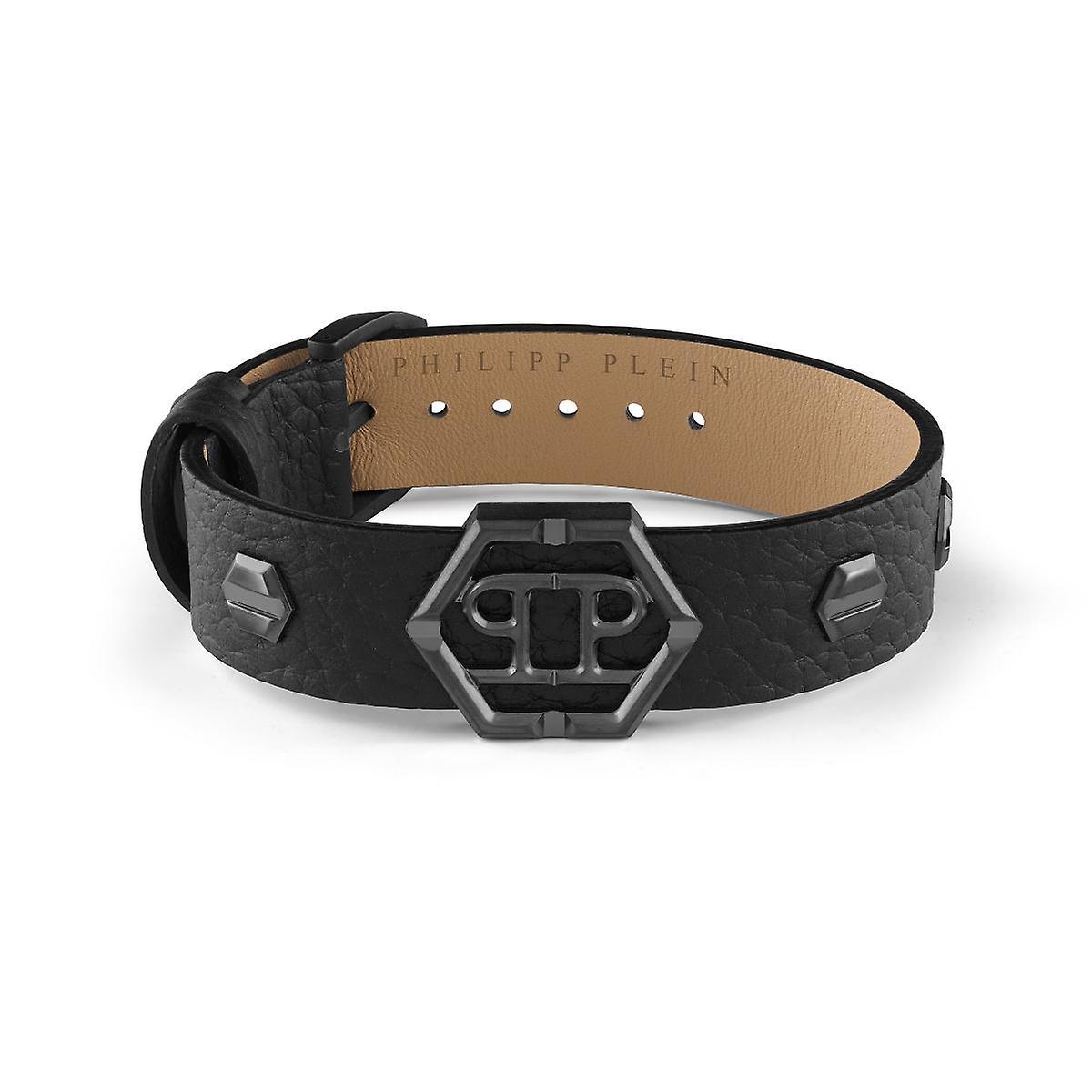 Philipp Plein Men's Bracelet Leather Stainless Steel IP Gun HEXAGON PJ7AA11BU Black