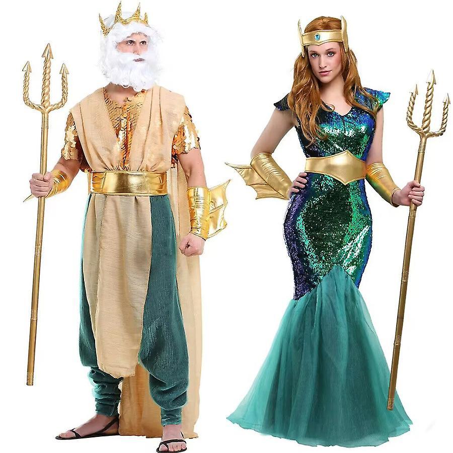 Baiyis Ancient Greek Poseidon Cosplay Sea Siren Mermaid Queen Costume Halloween Fancy Dress Carnival Costume For Men Women M