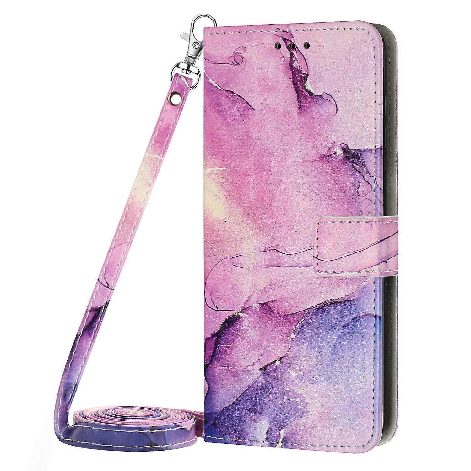 Foxdock Compatible with Samsung Galaxy A22 5G Case with Adjustable Lanyard Marble Pattern Wallet Card Holder Cover Purple