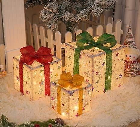 Unbrand Set of 3 Christmas Lighted Gift Boxes, Pre-lit Light Up Present Boxes Decor for Indoor Outdoor Xmas Tree Home Yard Lawn Xmas Gift Star