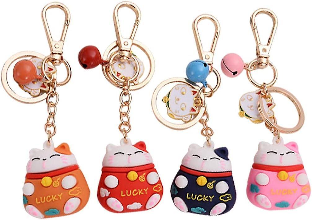 Heyone 4pcs Lucky Cat Keychain With Bells Pendants Japanese Fortune Lucky Beckoning Cat Maneki Neko Keyring Soft Plastic Bag Charms Key Ring Pendants