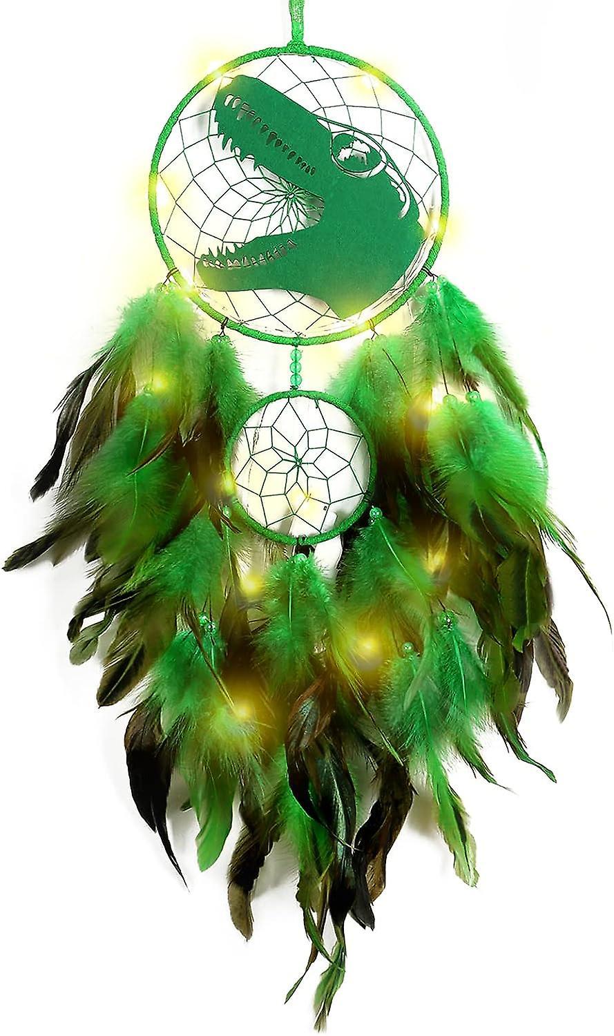 Frusde Dinosaur Dream Catchers For Boys Girls, Dream Catcher Light Wall Decor Feather Wall Hanging Dino Dream Catcher Kids Gift Green With light