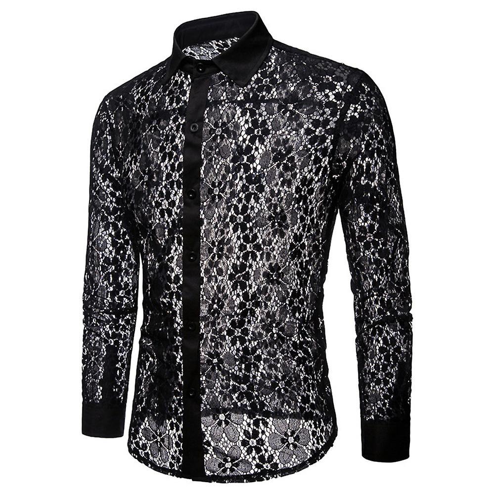 Fianao Men Sexy Long Sleeve Solid Color Lace See Through Clubwear Buttons Down Shirt Black M