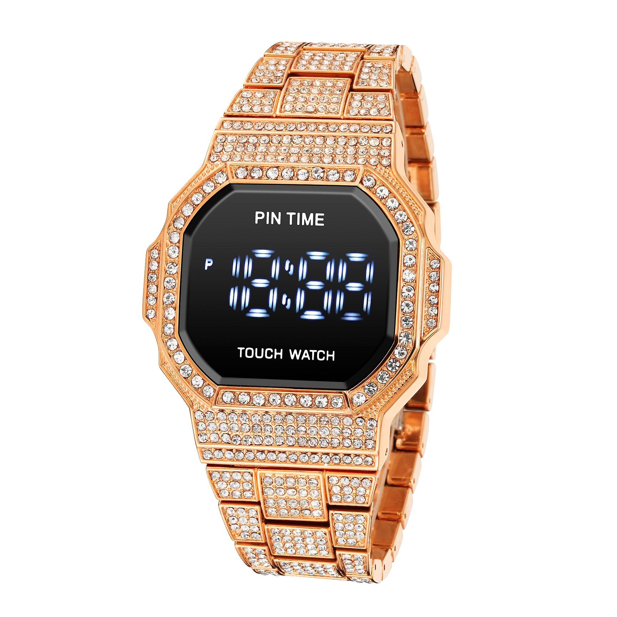 mickcara Pintime Luxury Men's Watch Fasion Diamond Bling Iced Out Led Display Digital Watches Man Casual Crystal Wristwatch Reloj Hombre Gold